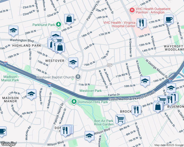 map of restaurants, bars, coffee shops, grocery stores, and more near 1210 North Kenilworth Street in Arlington