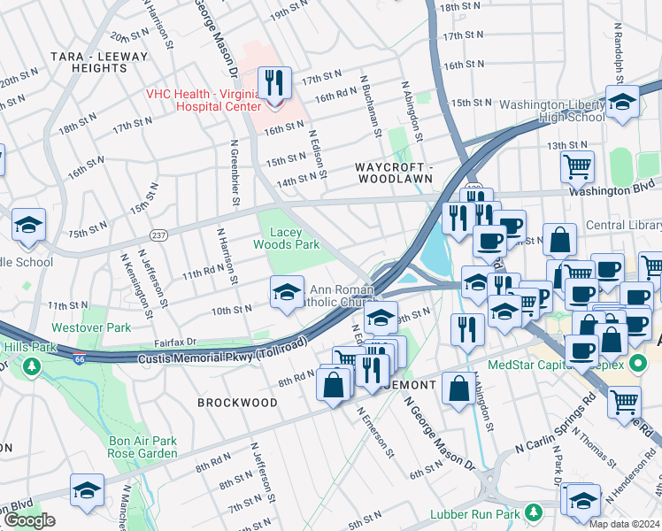 map of restaurants, bars, coffee shops, grocery stores, and more near 1027 North Edison Street in Arlington