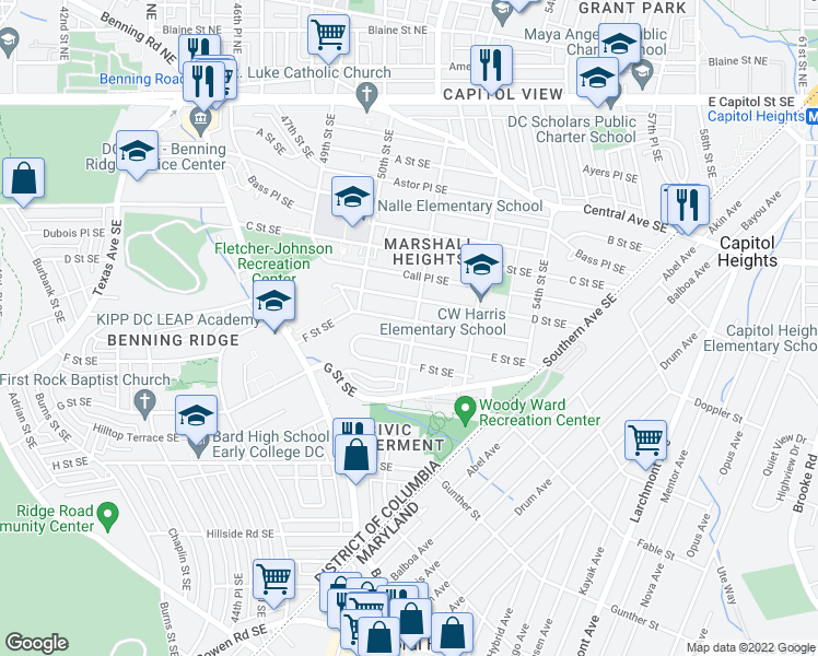 map of restaurants, bars, coffee shops, grocery stores, and more near 5039 Drake Place Southeast in Washington