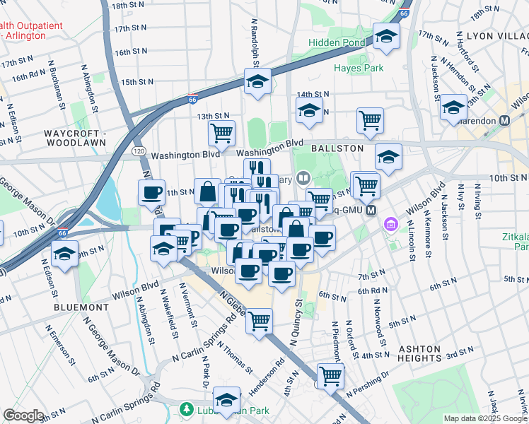 map of restaurants, bars, coffee shops, grocery stores, and more near 1000 North Randolph Street in Arlington