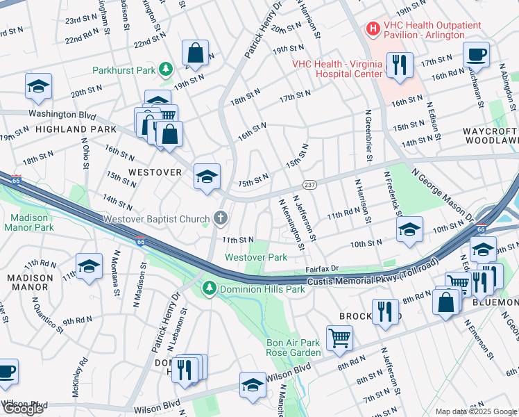 map of restaurants, bars, coffee shops, grocery stores, and more near 1210 North Kenilworth Street in Arlington