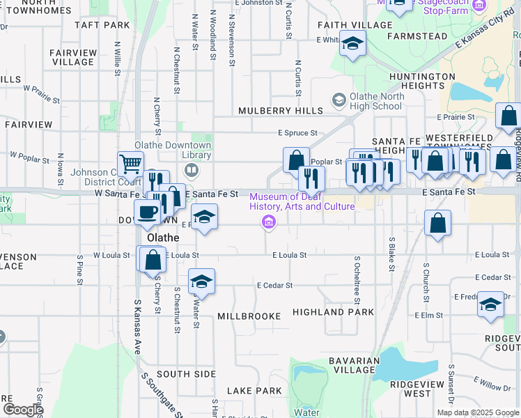 map of restaurants, bars, coffee shops, grocery stores, and more near 450 East Park Street in Olathe