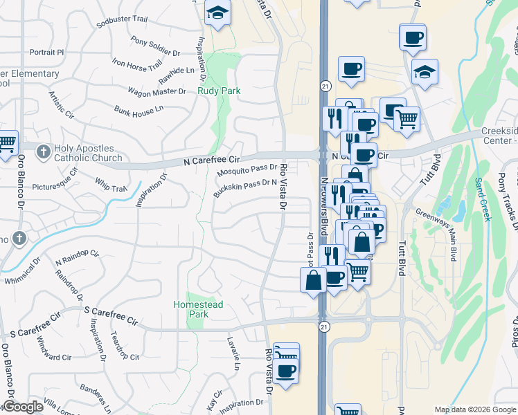 map of restaurants, bars, coffee shops, grocery stores, and more near 5571 Gunshot Pass Drive in Colorado Springs