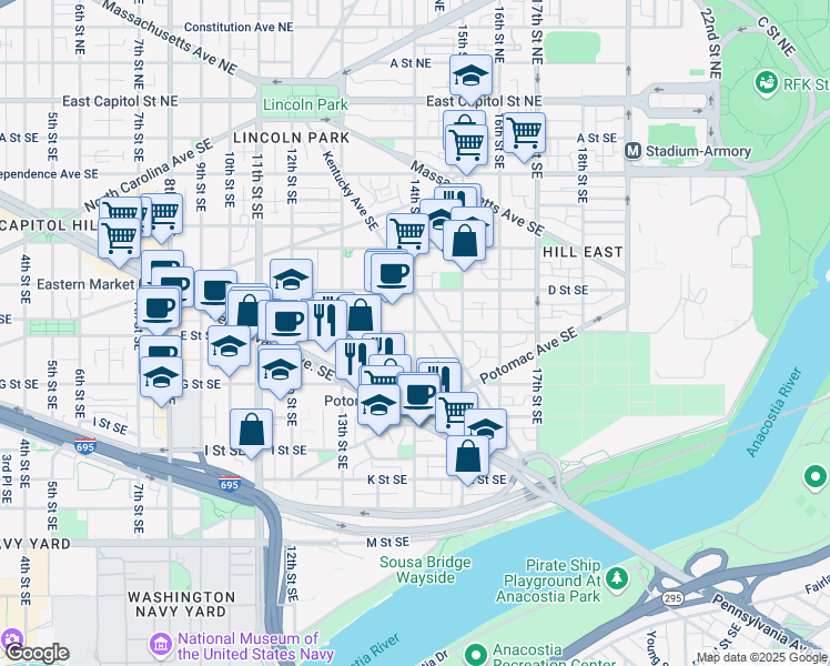 map of restaurants, bars, coffee shops, grocery stores, and more near 101 Independence Avenue Southeast in Washington
