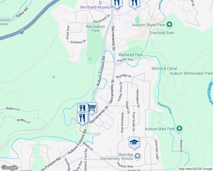 map of restaurants, bars, coffee shops, grocery stores, and more near 131 Rancho Circle in Auburn