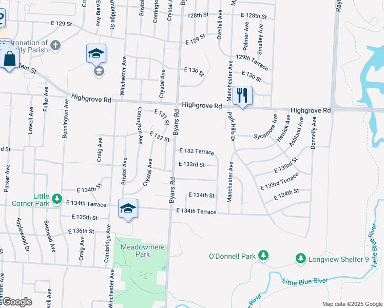 map of restaurants, bars, coffee shops, grocery stores, and more near 7501 East 132 Terrace in Grandview