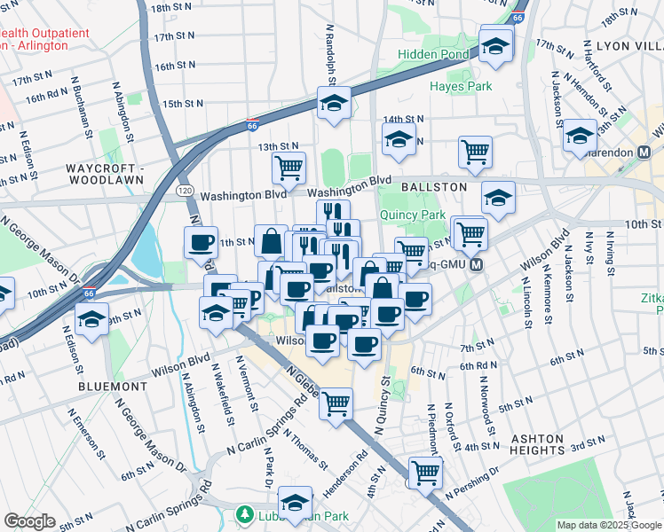 map of restaurants, bars, coffee shops, grocery stores, and more near 1027 North Stafford Street in Arlington