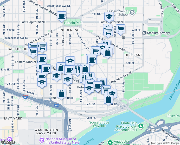 map of restaurants, bars, coffee shops, grocery stores, and more near 101 Independence Avenue Southeast in Washington