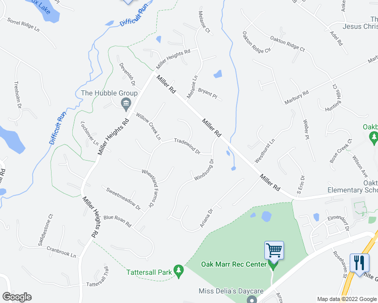 map of restaurants, bars, coffee shops, grocery stores, and more near 10805 Tradewind Drive in Oakton