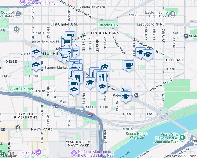 map of restaurants, bars, coffee shops, grocery stores, and more near Pennsylvania Avenue Southeast in Washington