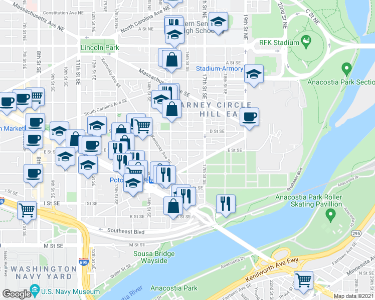 map of restaurants, bars, coffee shops, grocery stores, and more near E Street Southeast & 16th Street Southeast in Washington