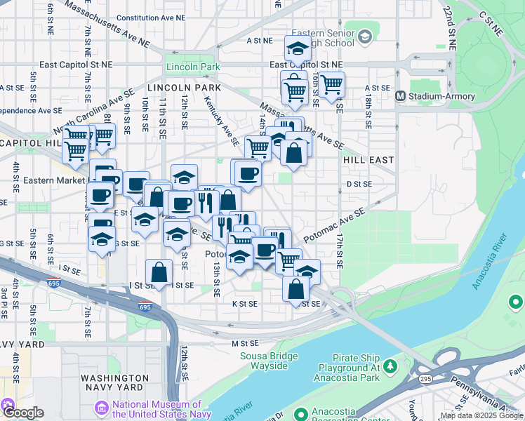 map of restaurants, bars, coffee shops, grocery stores, and more near 1356 E Street Southeast in Washington