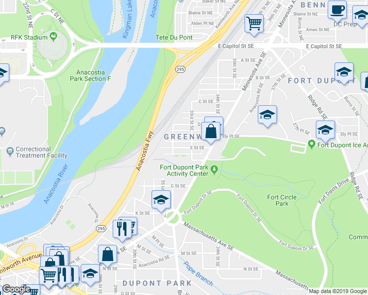 map of restaurants, bars, coffee shops, grocery stores, and more near 3224 E Street Southeast in Washington