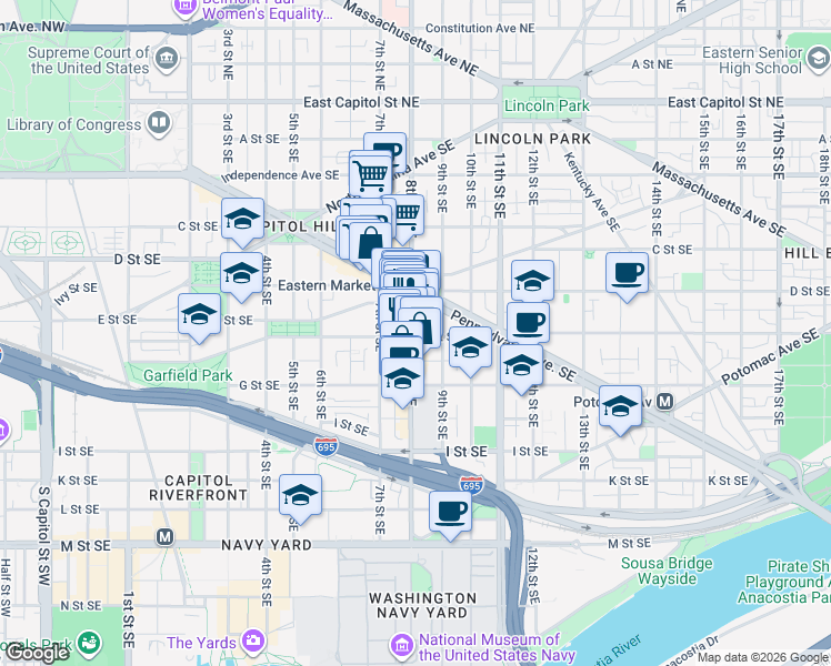 map of restaurants, bars, coffee shops, grocery stores, and more near 427 8th Street Southeast in Washington