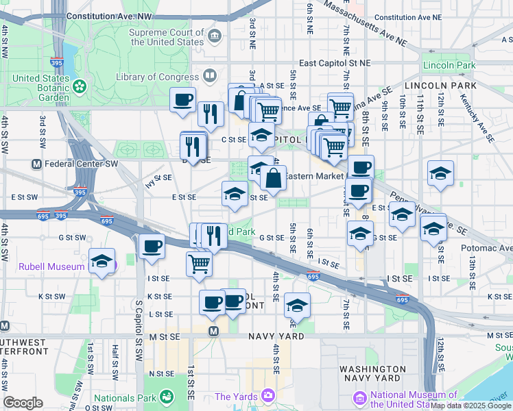 map of restaurants, bars, coffee shops, grocery stores, and more near 101 Independence Avenue Southeast in Washington