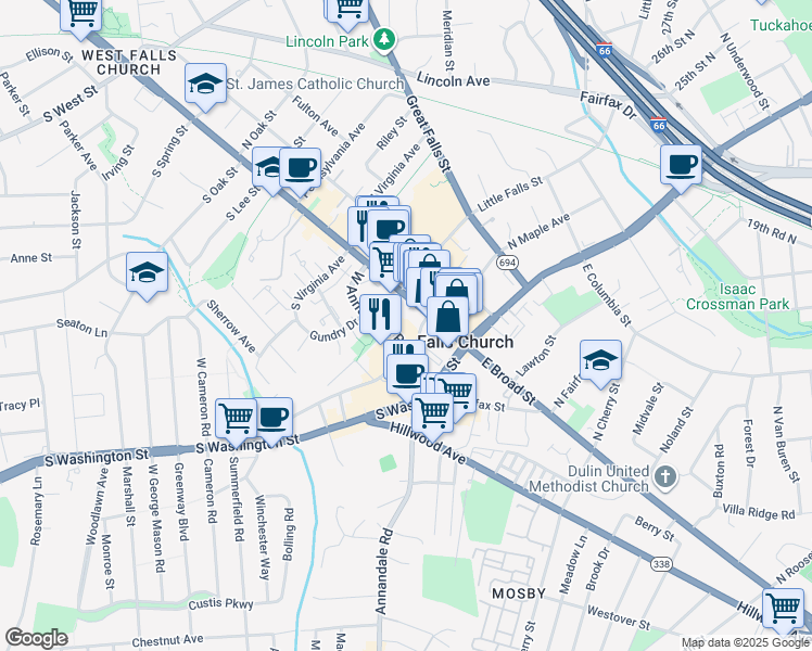 map of restaurants, bars, coffee shops, grocery stores, and more near 87 West Annandale Road in Falls Church