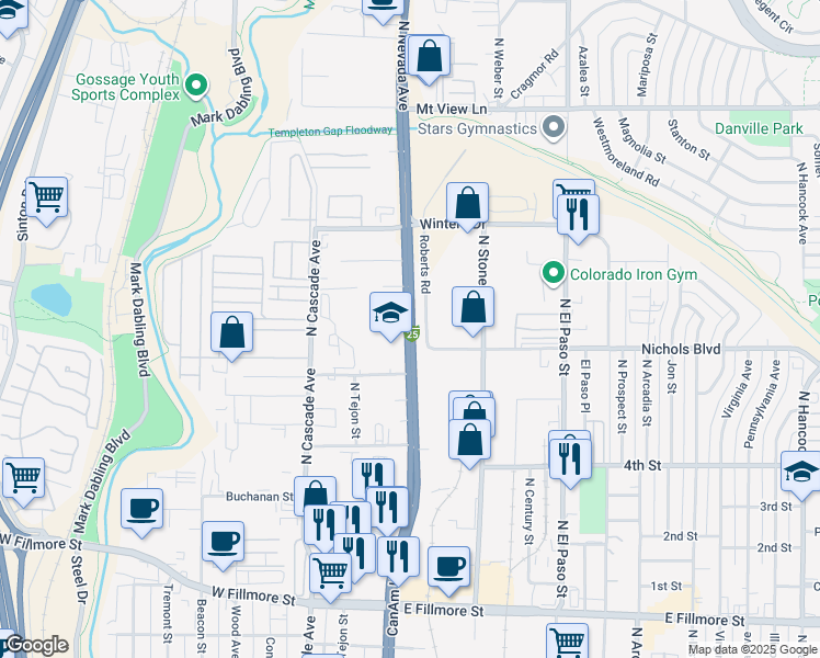 map of restaurants, bars, coffee shops, grocery stores, and more near 3583-3679 CanAm Hwy in Colorado Springs
