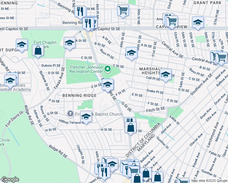 map of restaurants, bars, coffee shops, grocery stores, and more near 4732 Benning Road Southeast in Washington