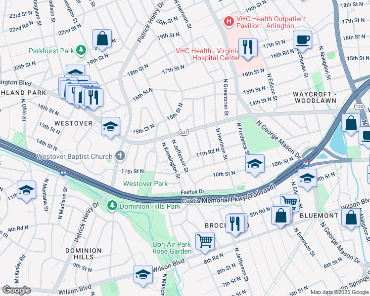 map of restaurants, bars, coffee shops, grocery stores, and more near 1144 North Ivanhoe Street in Arlington