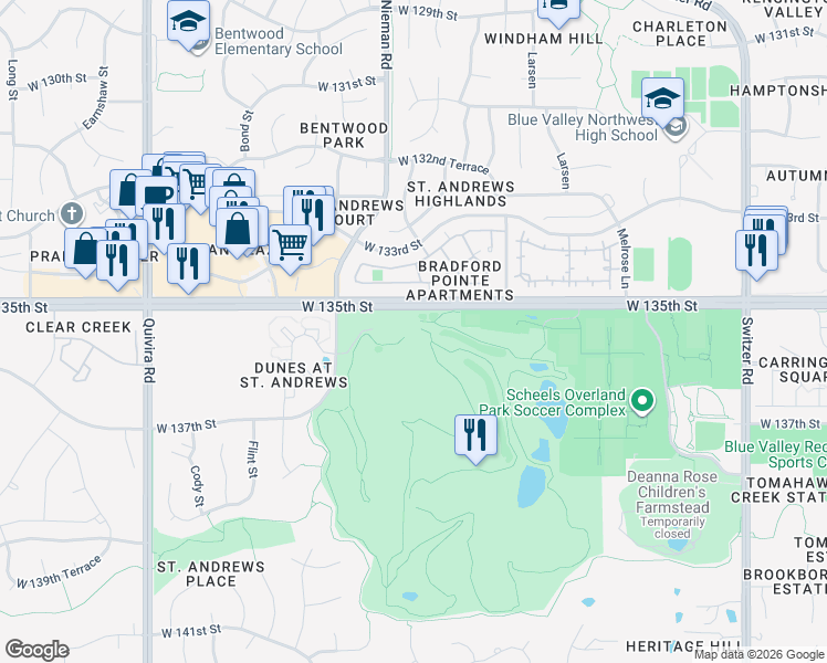 map of restaurants, bars, coffee shops, grocery stores, and more near 11099 West 135th Street in Overland Park