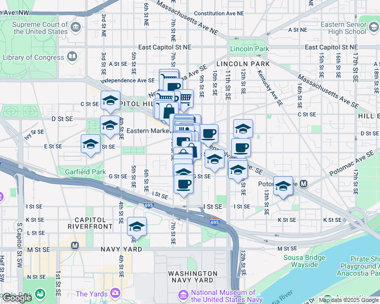 map of restaurants, bars, coffee shops, grocery stores, and more near 101 Independence Avenue Southeast in Washington