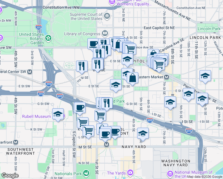 map of restaurants, bars, coffee shops, grocery stores, and more near 101 Independence Avenue Southeast in Washington