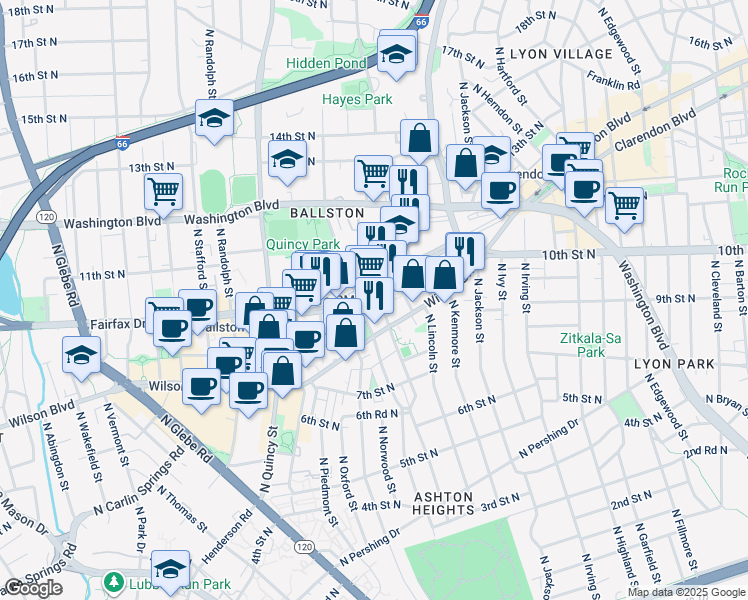 map of restaurants, bars, coffee shops, grocery stores, and more near 901 North Nelson Street in Arlington