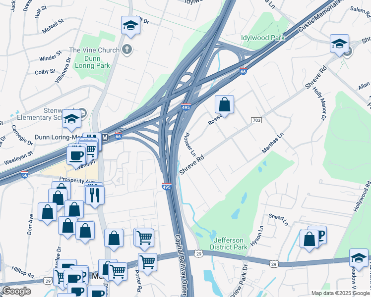 map of restaurants, bars, coffee shops, grocery stores, and more near 2624 Pioneer Lane in Falls Church