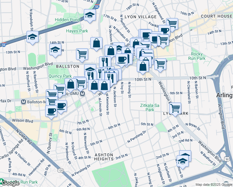 map of restaurants, bars, coffee shops, grocery stores, and more near 821 North Jackson Street in Arlington