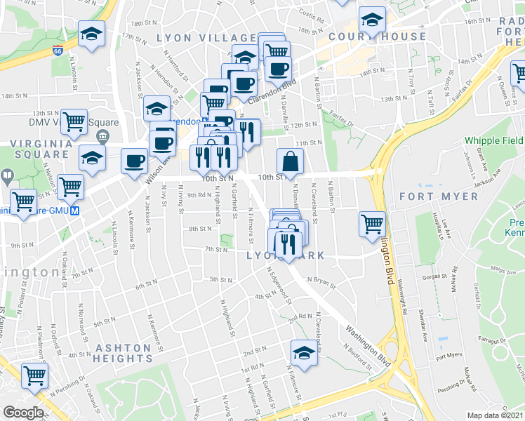 map of restaurants, bars, coffee shops, grocery stores, and more near Washington Blvd & 9th St N in Arlington