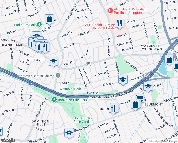 map of restaurants, bars, coffee shops, grocery stores, and more near 1144 North Ivanhoe Street in Arlington