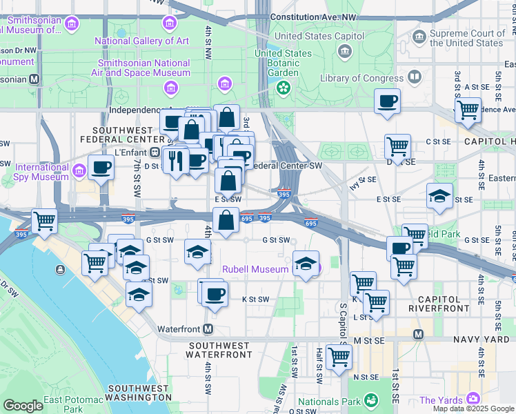 map of restaurants, bars, coffee shops, grocery stores, and more near 250E E Street Southwest in Washington
