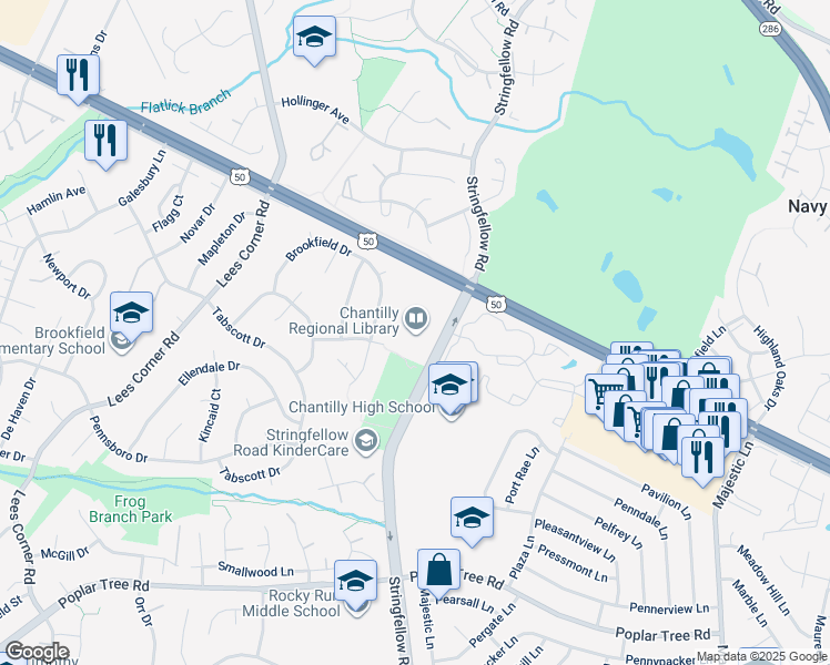 map of restaurants, bars, coffee shops, grocery stores, and more near 4000 Stringfellow Road in Chantilly