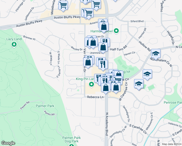 map of restaurants, bars, coffee shops, grocery stores, and more near 3440 Carefree Circle North in Colorado Springs