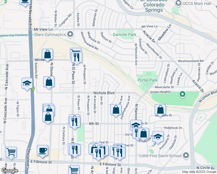 map of restaurants, bars, coffee shops, grocery stores, and more near 3409 Jon Street in Colorado Springs