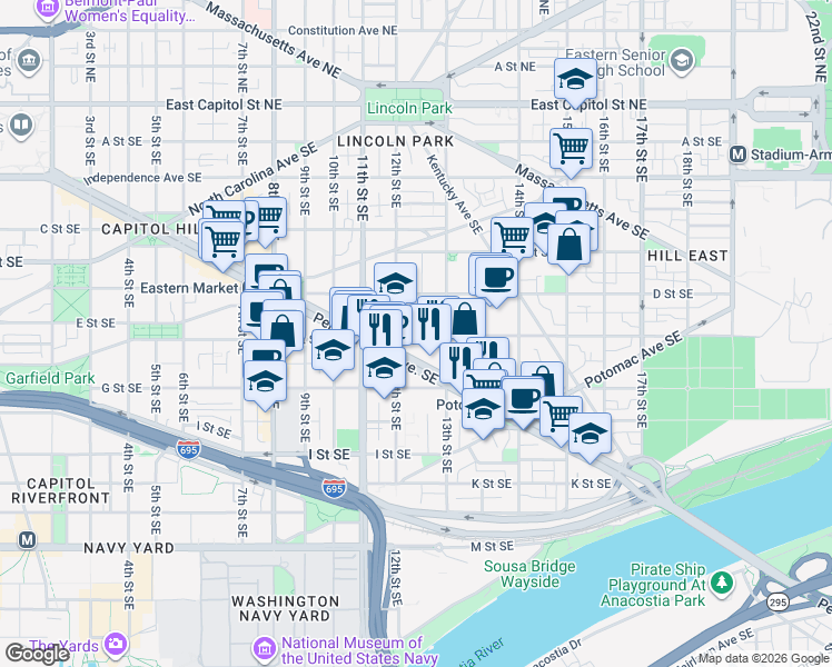 map of restaurants, bars, coffee shops, grocery stores, and more near in Washington