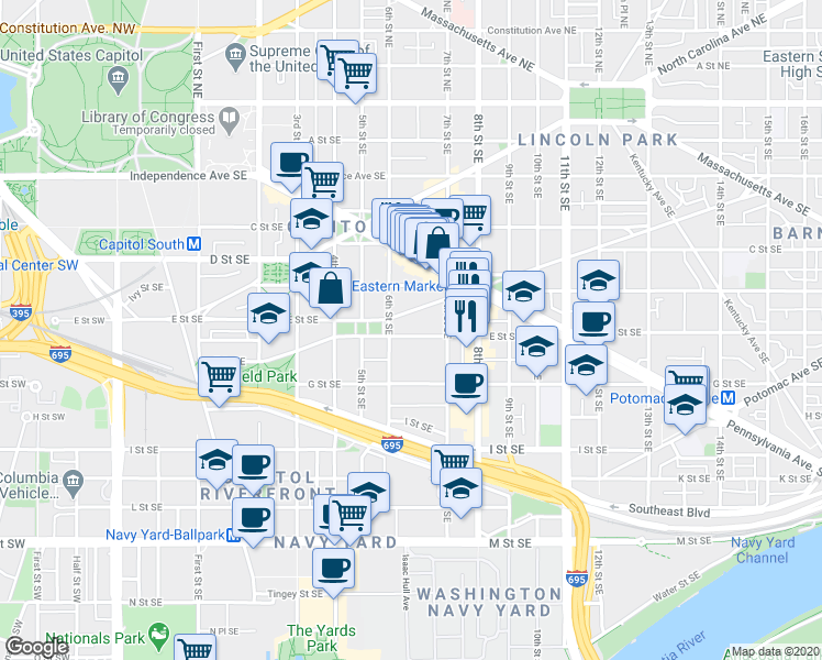 map of restaurants, bars, coffee shops, grocery stores, and more near 101 Independence Avenue Southeast in Washington