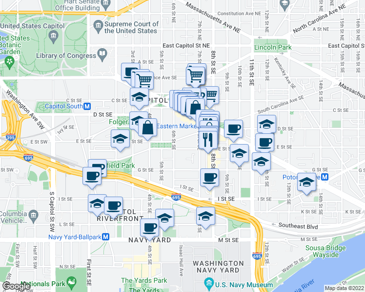 map of restaurants, bars, coffee shops, grocery stores, and more near 101 Independence Avenue Southeast in Washington
