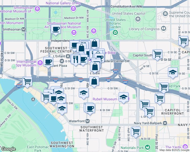 map of restaurants, bars, coffee shops, grocery stores, and more near 101 Independence Avenue Southeast in Washington