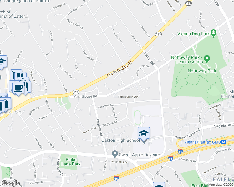 map of restaurants, bars, coffee shops, grocery stores, and more near 9902 Palace Green Way in Vienna