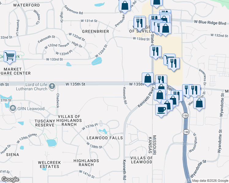 map of restaurants, bars, coffee shops, grocery stores, and more near 2165-2707 West 135th Street in Leawood