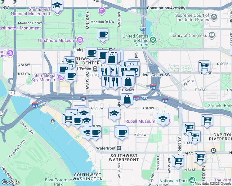 map of restaurants, bars, coffee shops, grocery stores, and more near 101 Independence Avenue Southeast in Washington