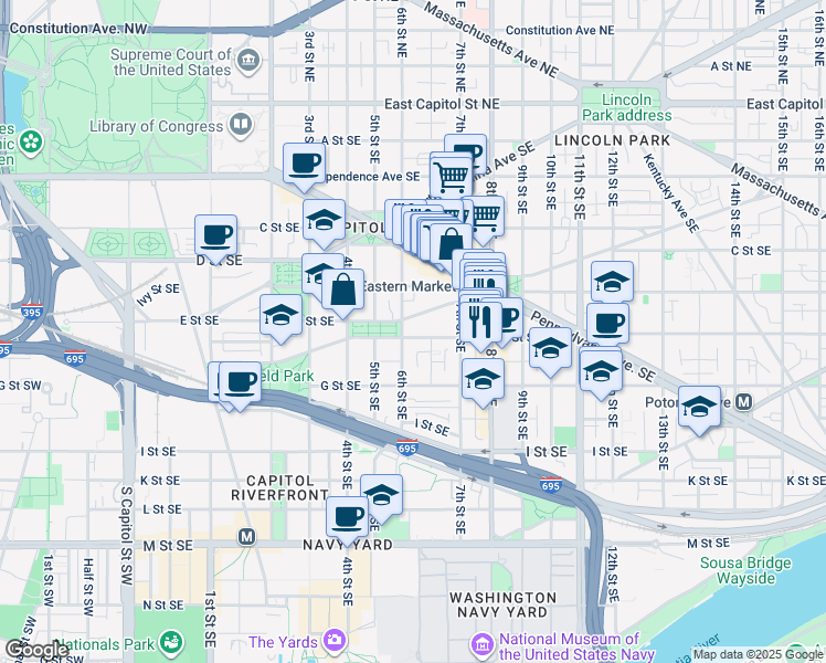 map of restaurants, bars, coffee shops, grocery stores, and more near 608 E Street Southeast in Washington
