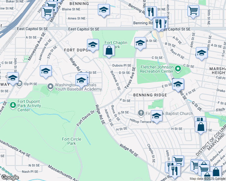 map of restaurants, bars, coffee shops, grocery stores, and more near 452 Burns Street Southeast in Washington