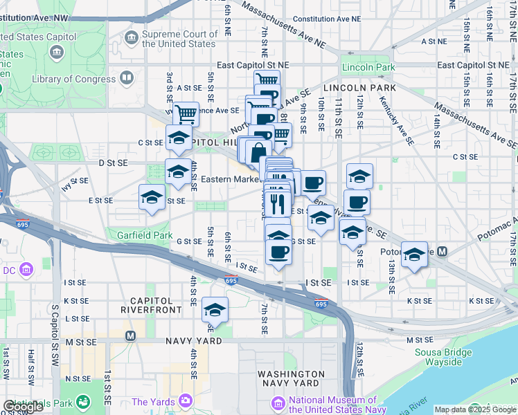 map of restaurants, bars, coffee shops, grocery stores, and more near 660 E Street Southeast in Washington