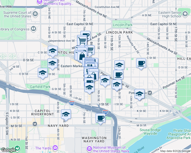 map of restaurants, bars, coffee shops, grocery stores, and more near 101 Independence Avenue Southeast in Washington