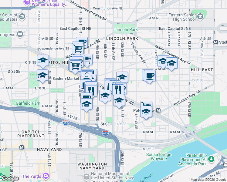 map of restaurants, bars, coffee shops, grocery stores, and more near Pennsylvania Avenue Southeast & 11th Street Southeast in Washington