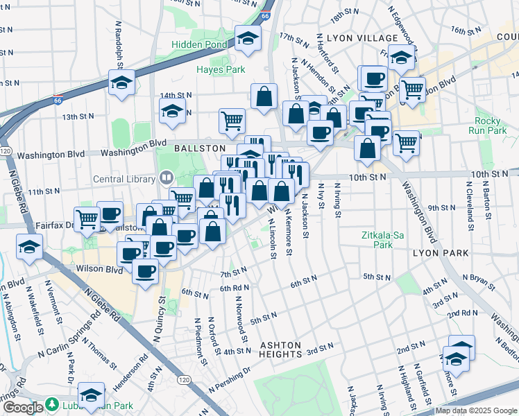 map of restaurants, bars, coffee shops, grocery stores, and more near 849 North Lincoln Street in Arlington
