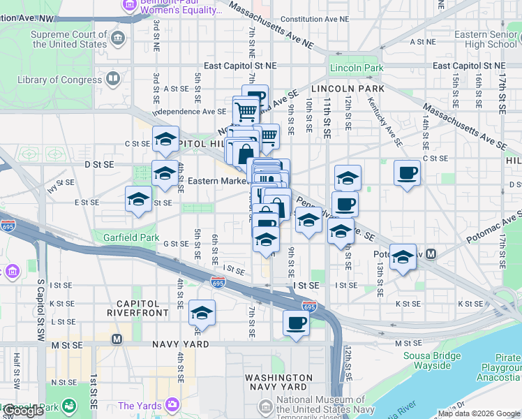 map of restaurants, bars, coffee shops, grocery stores, and more near 101 Independence Avenue Southeast in Washington