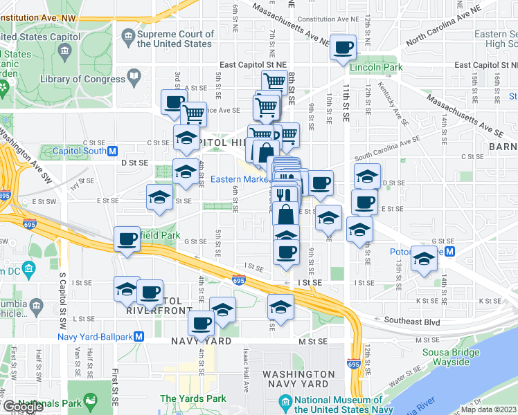 map of restaurants, bars, coffee shops, grocery stores, and more near 101 Independence Avenue Southeast in Washington